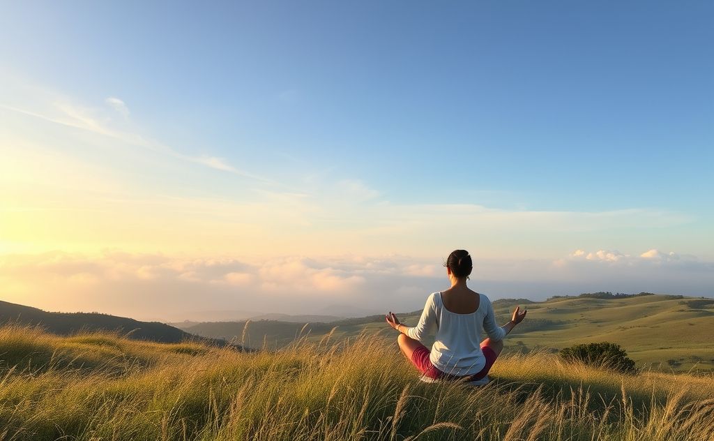 A serene landscape with a person meditating amidst gentle breezes.
