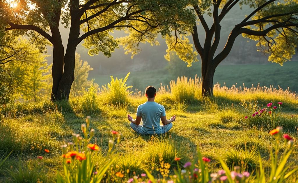 A serene landscape with a person meditating amidst nature's beauty.