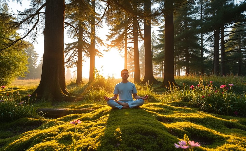 A serene landscape with a person meditating amidst nature.