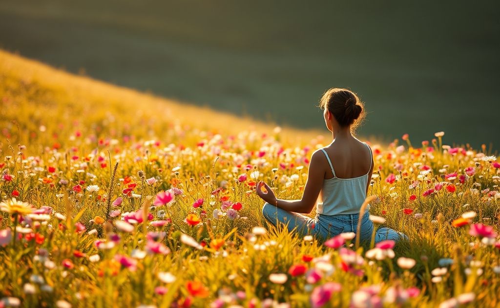 A serene landscape with a person meditating among blooming flowers.
