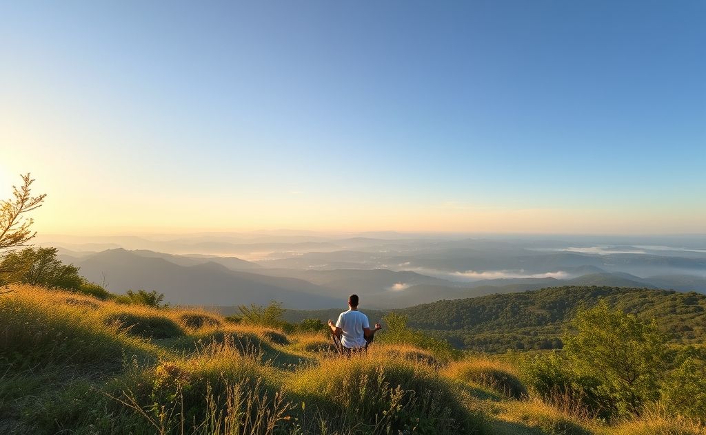 A serene landscape with a person meditating among nature.