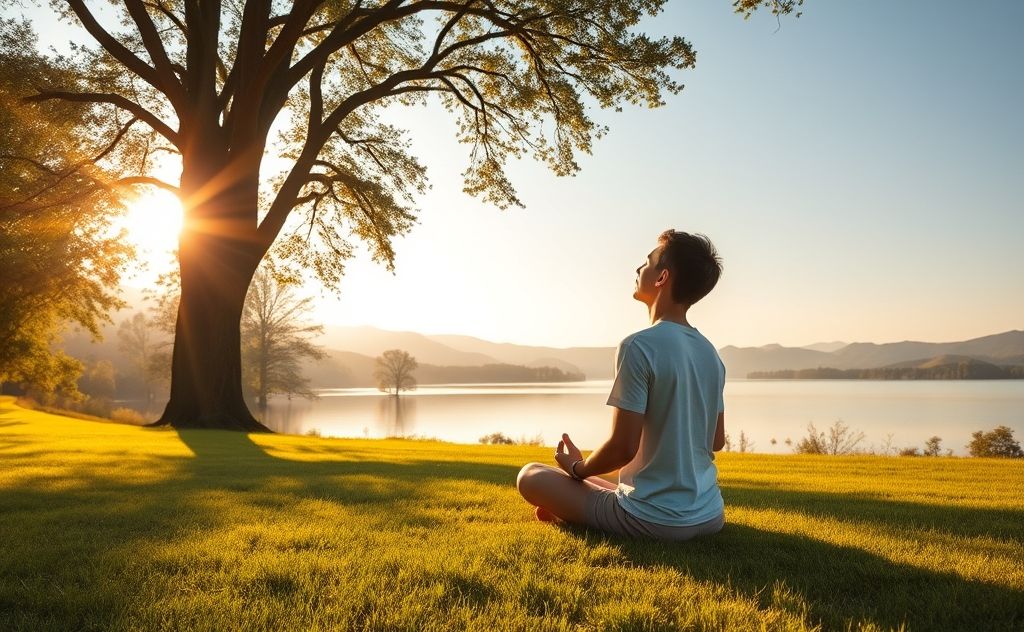 A serene landscape with a person meditating and breathing deeply.