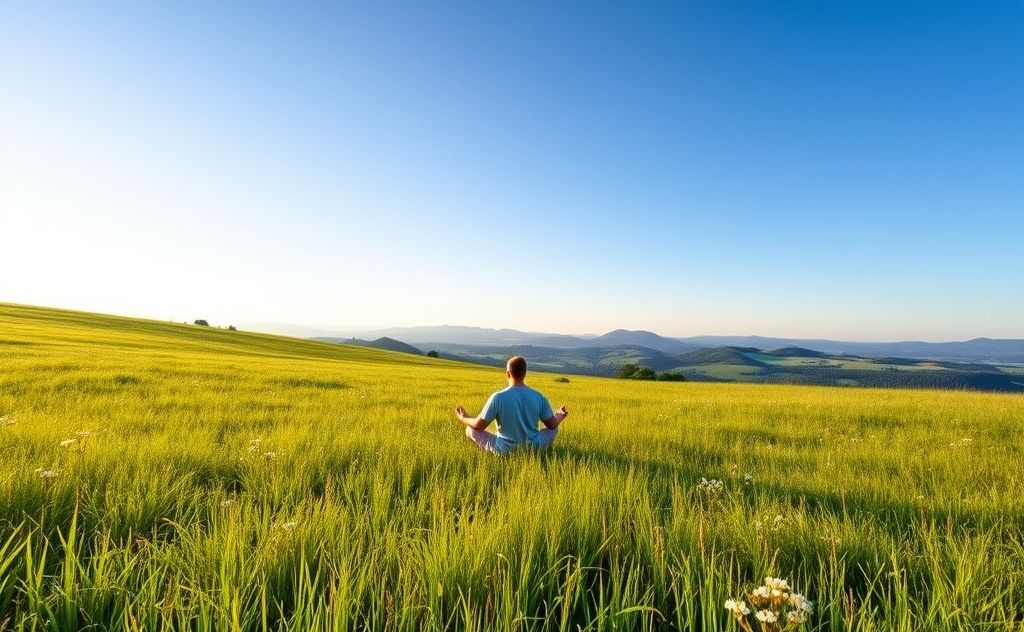 A serene landscape with a person meditating in a peaceful setting.