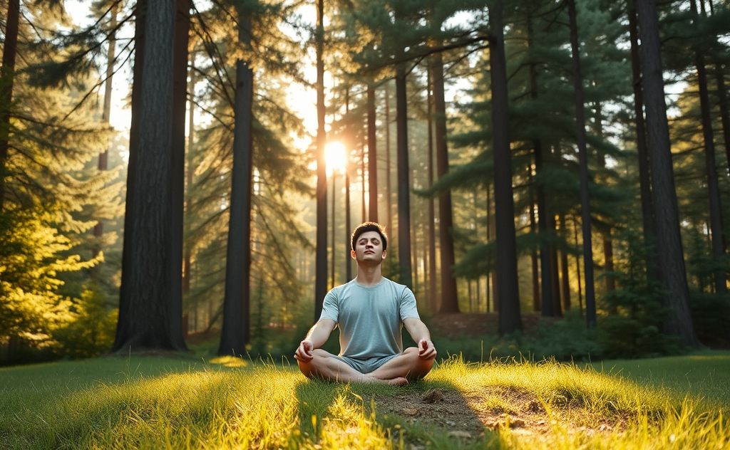 A serene landscape with a person meditating in nature, focusing on breath.