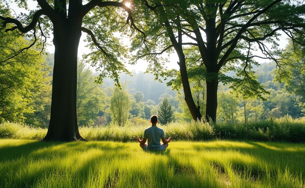 A serene landscape with a person meditating in nature.