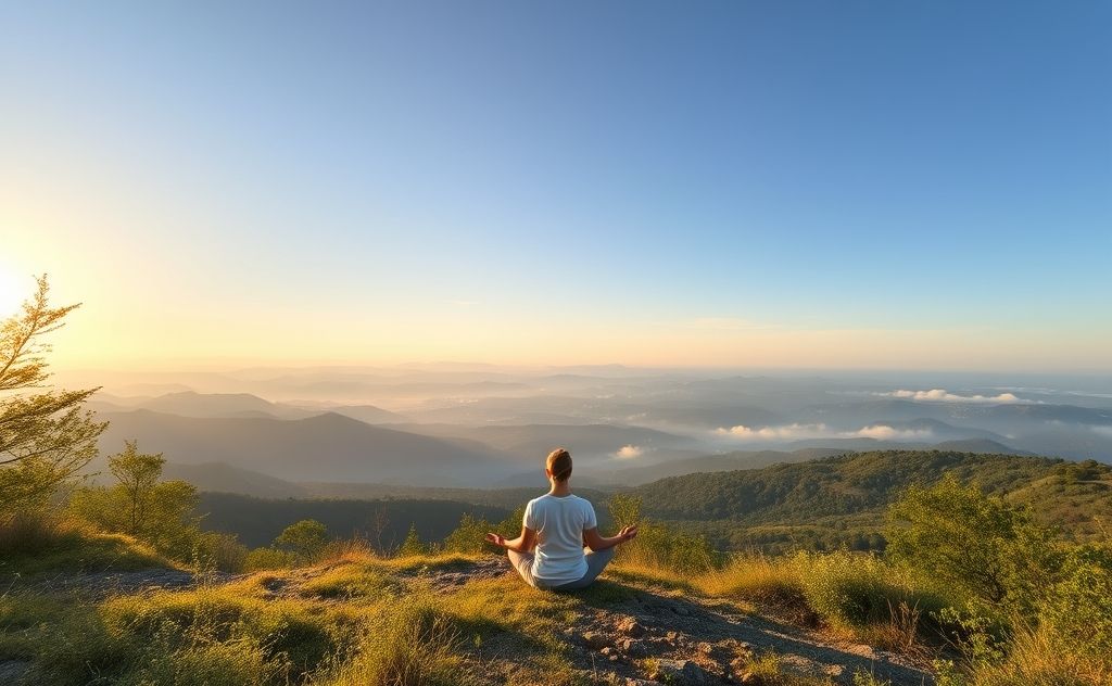 A serene landscape with a person meditating surrounded by nature.