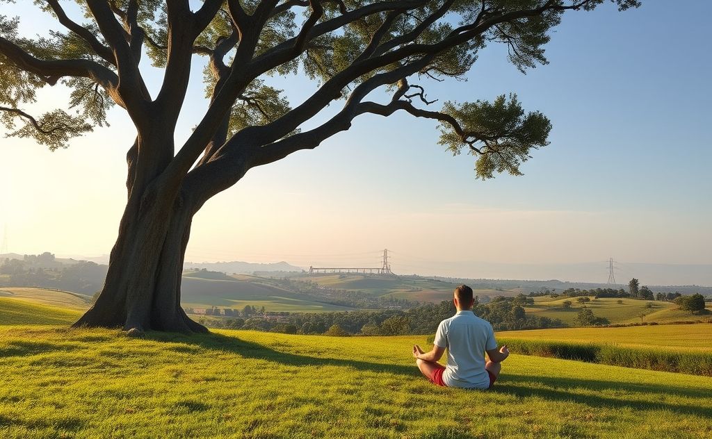 A serene landscape with a person meditating under a large tree.