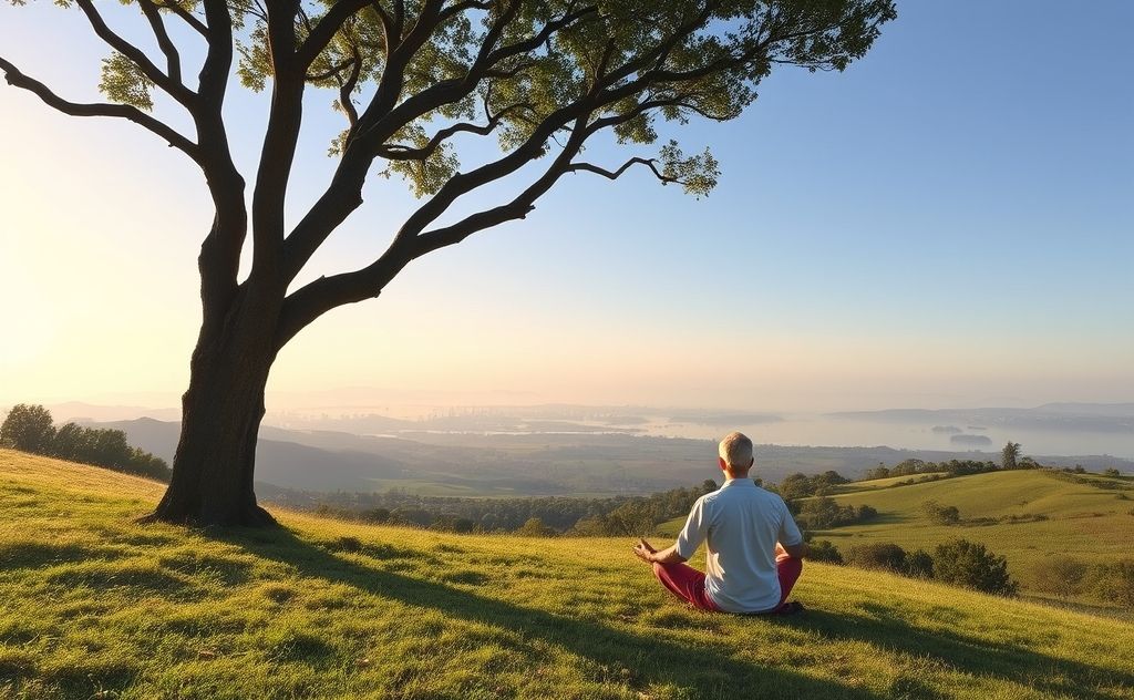 A serene landscape with a person meditating under a tree.
