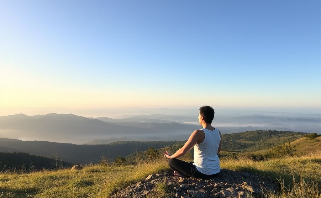 A serene landscape with a person practicing breath control in nature.