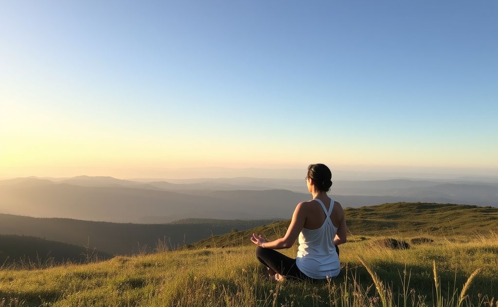 A serene landscape with a person practicing breathwork in nature.