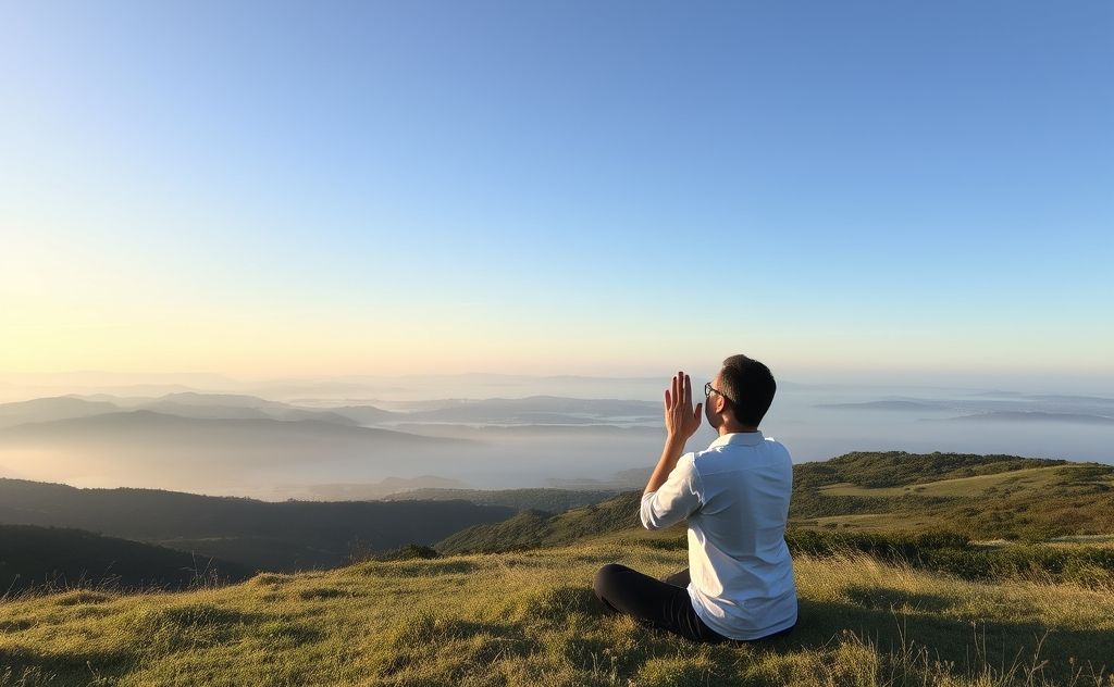 A serene landscape with a person practicing controlled breathing.