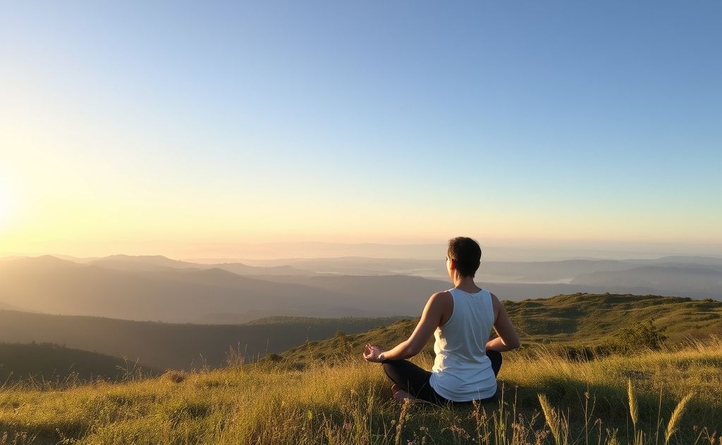 A serene landscape with a person practicing deep breathing in nature.