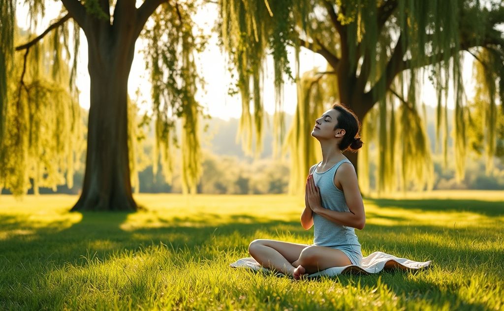 A serene landscape with a person practicing deep breathing outdoors.
