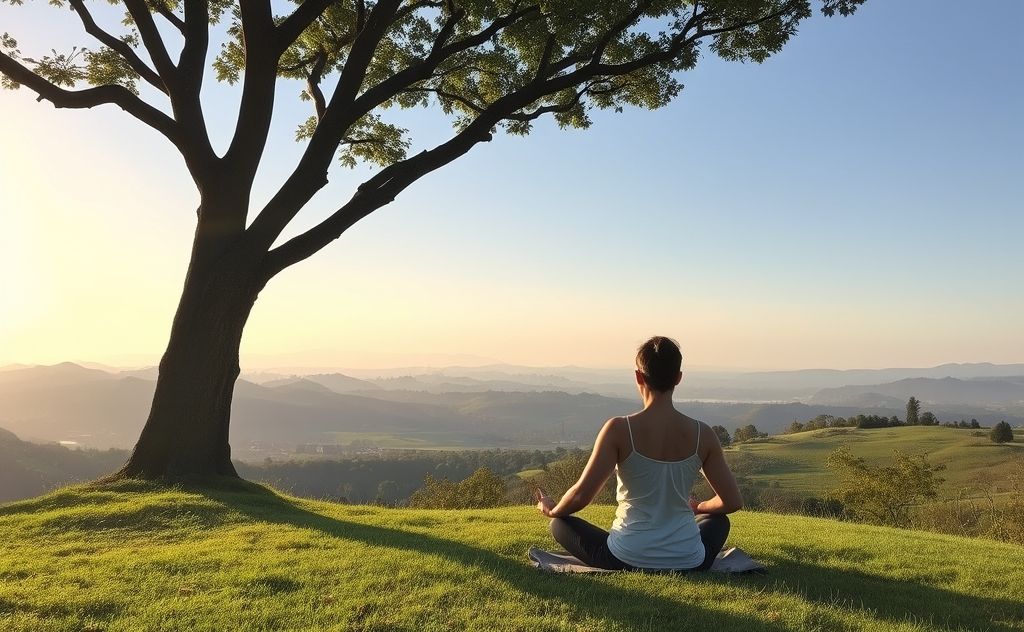 A serene landscape with a person practicing deep breathing under a tree.