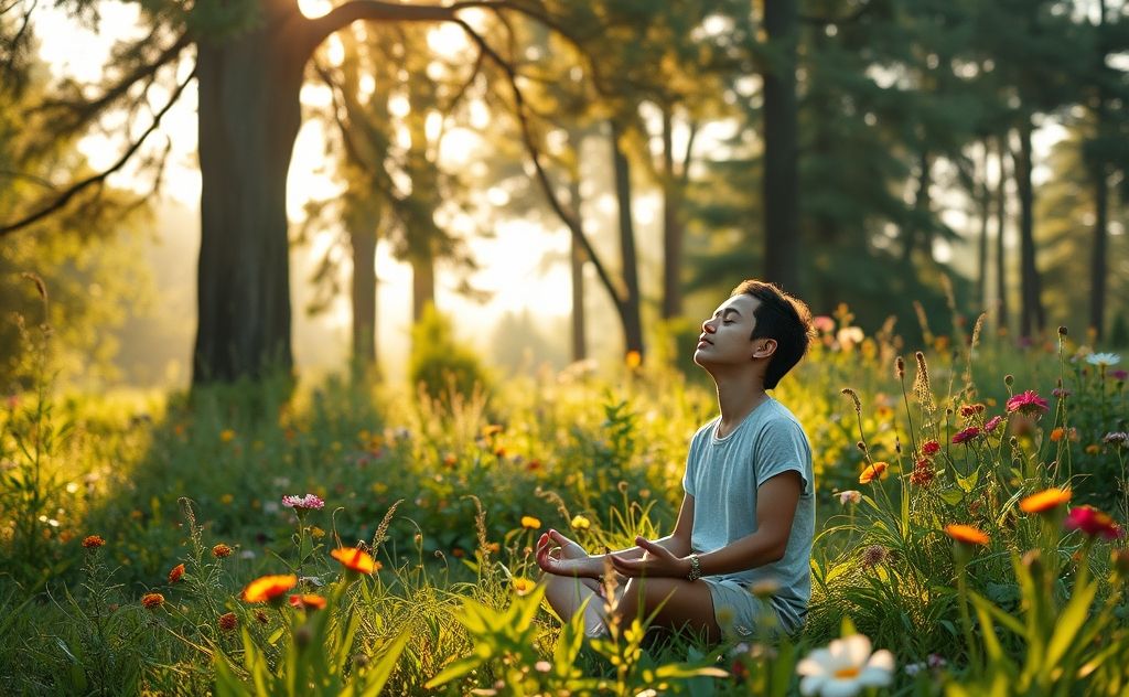 A serene landscape with a person practicing deep, mindful breathing.
