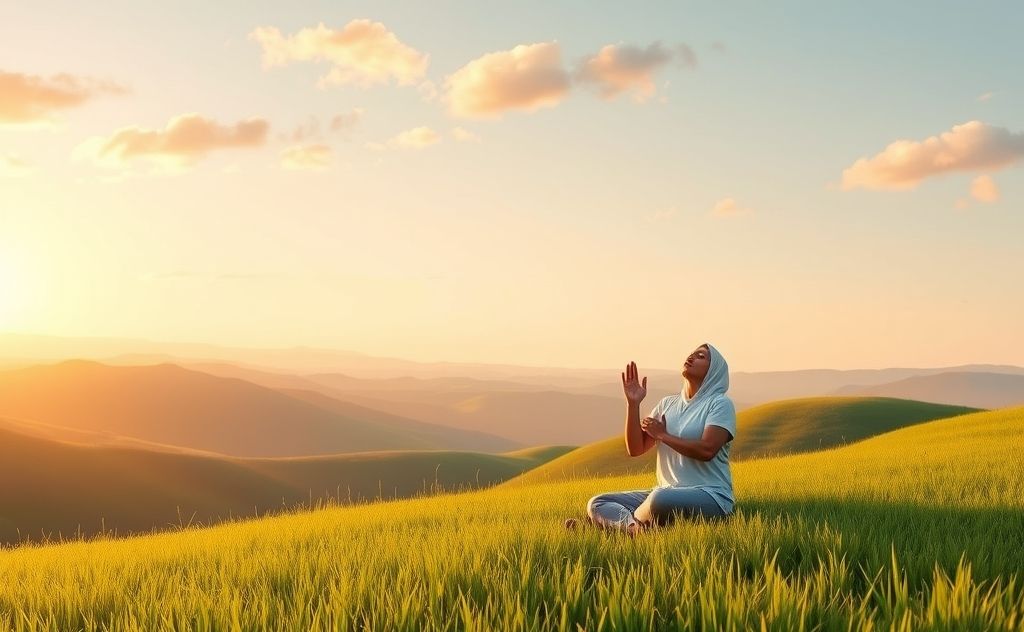 A serene landscape with a person practicing diaphragmatic breathing.