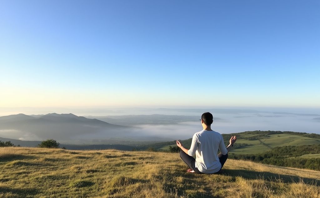 A serene landscape with a person practicing grounding breath awareness.