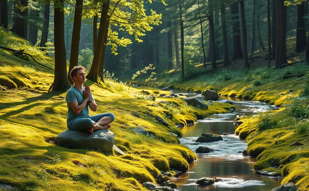 A serene landscape with a person practicing mindful breathing in nature.