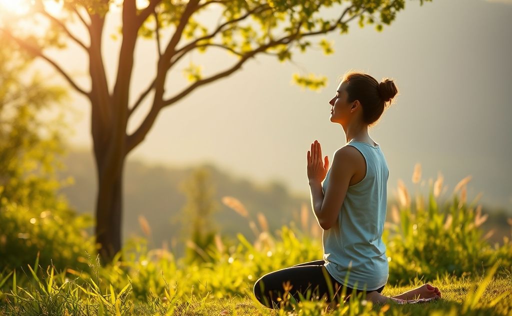 A serene landscape with a person practicing mindful breathing outdoors