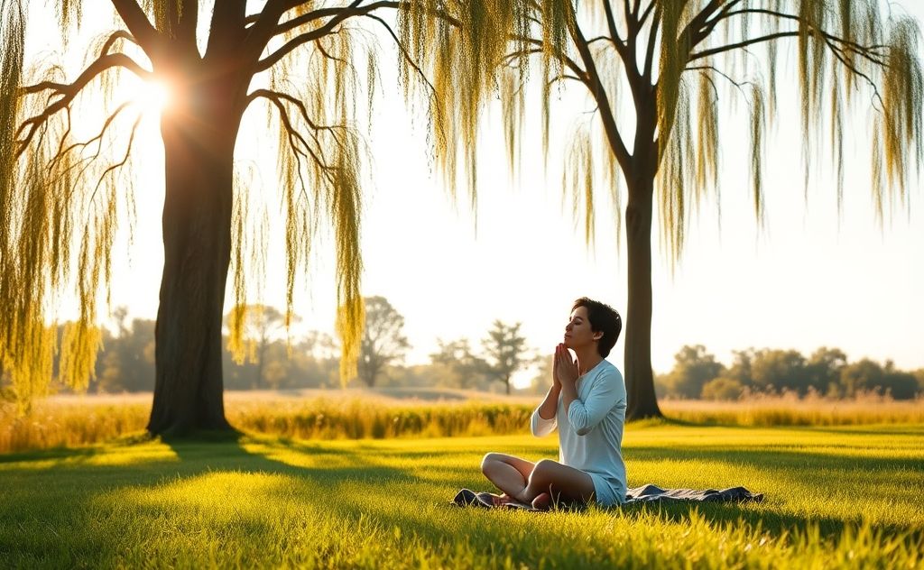 A serene landscape with a person practicing mindful breathing outdoors.