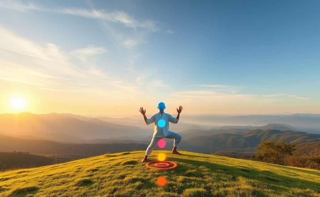 A serene landscape with a person practicing qigong surrounded by chakra symbols.