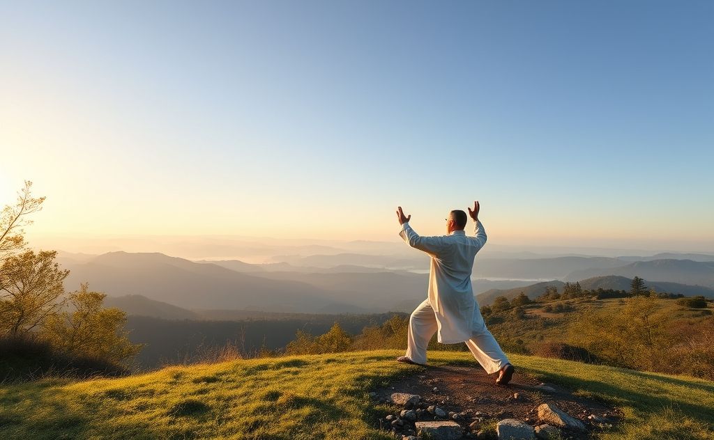A serene landscape with a person practicing tai chi amidst nature.
