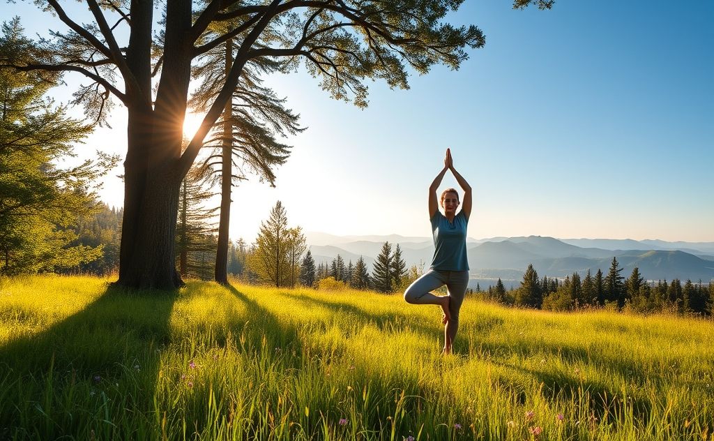 A serene landscape with a person practicing yoga in nature.
