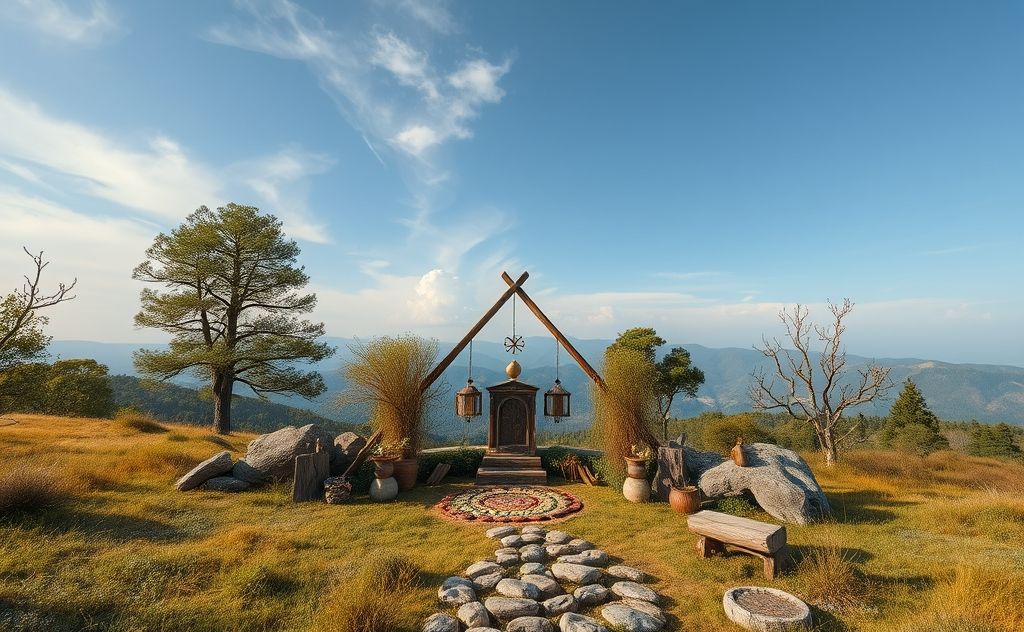 A serene landscape with a shamanic altar surrounded by nature.