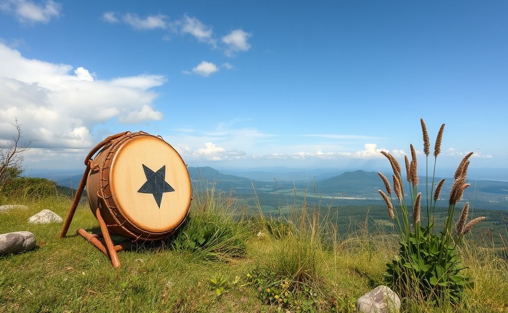 A serene landscape with a shamanic drum and natural healing herbs.