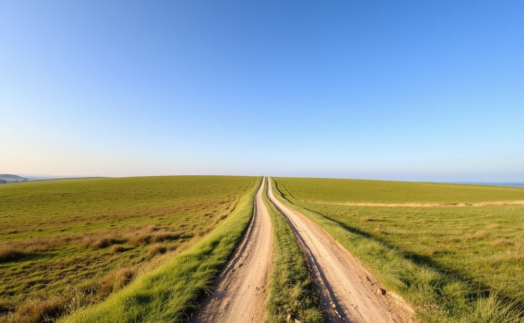 A serene landscape with a single path diverging into two directions.
