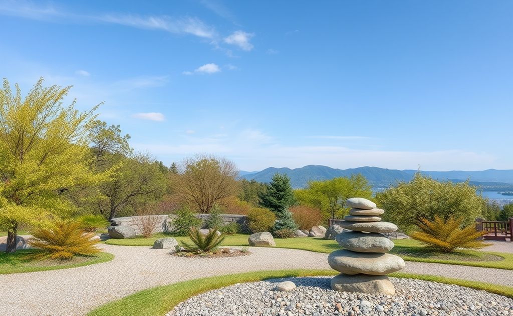 A serene landscape with a tranquil Zen garden and balanced stones.