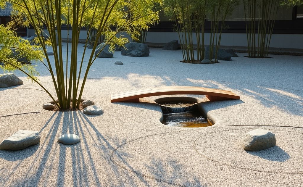 A serene landscape with a tranquil Zen garden and flowing water.