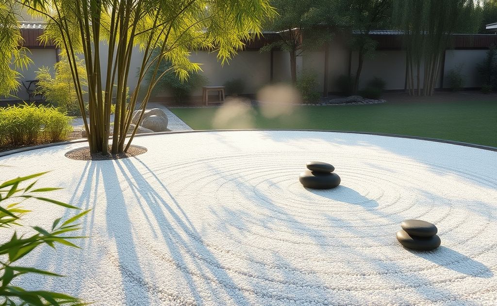 A serene landscape with a tranquil Zen garden and meditation stones.