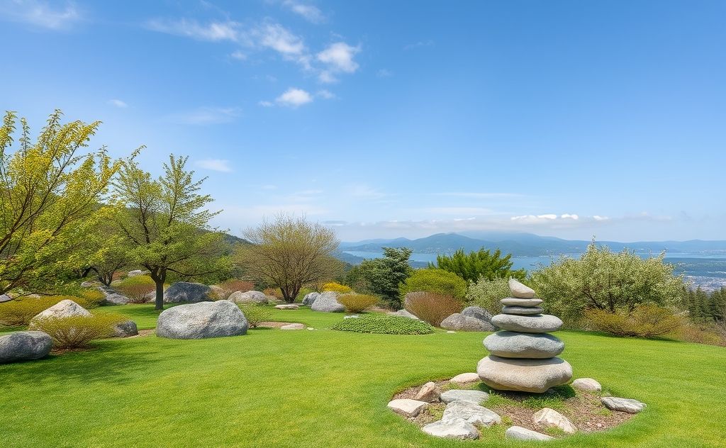 A serene landscape with a tranquil Zen garden and meditative stones.