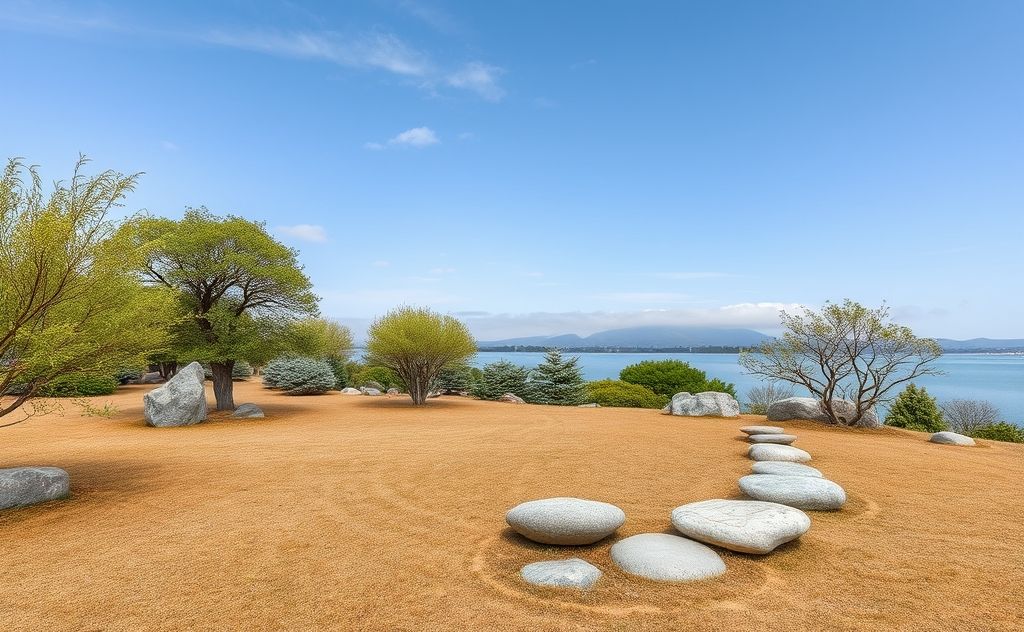 A serene landscape with a tranquil Zen garden and smooth stones.