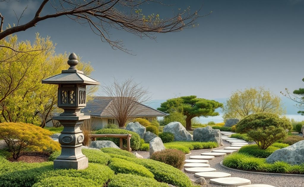 A serene landscape with a tranquil Zen garden and stone lanterns.