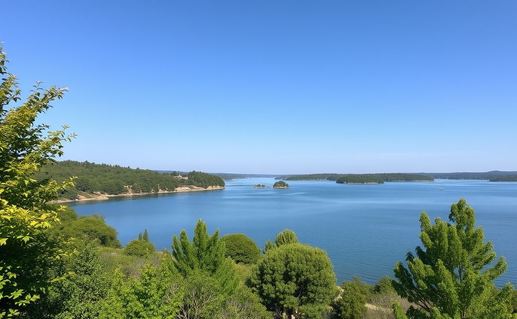 A serene landscape with a tranquil body of water and lush greenery.