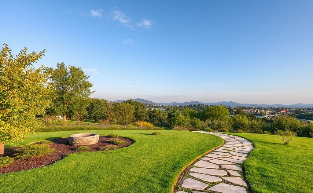 A serene landscape with a tranquil garden and a meditative stone path.
