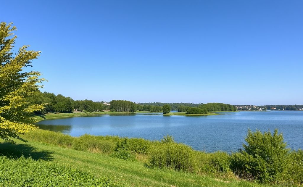 A serene landscape with a tranquil lake and lush greenery.