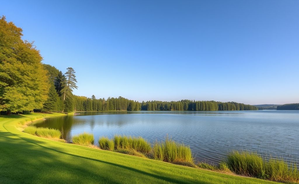 A serene landscape with a tranquil lake and lush trees for meditation.