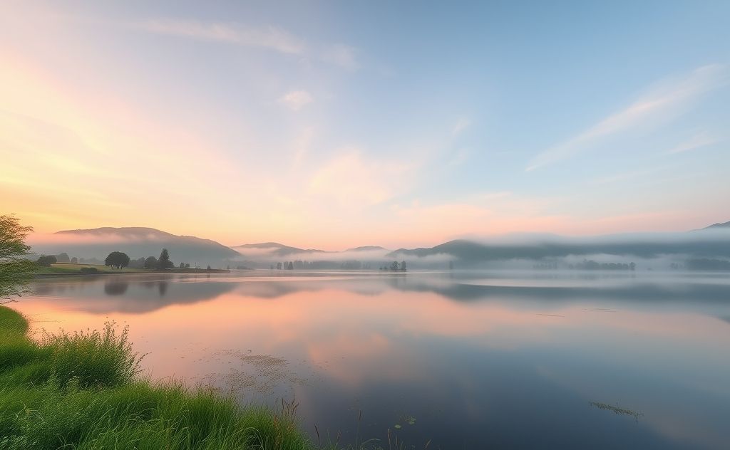 A serene landscape with a tranquil mind-body harmony theme.