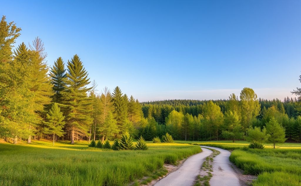 A serene landscape with a tranquil path through a lush forest.