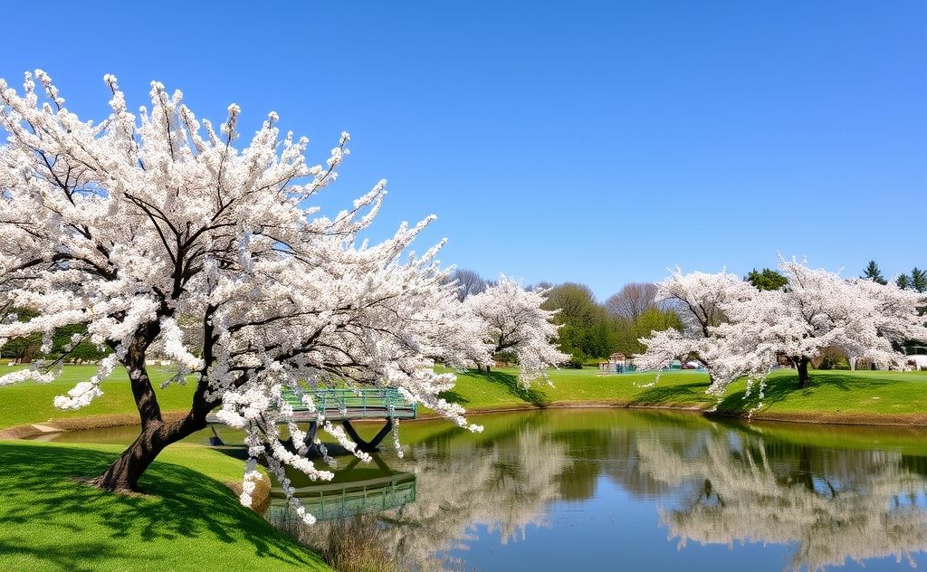 A serene landscape with a tranquil pond and blooming cherry blossoms.