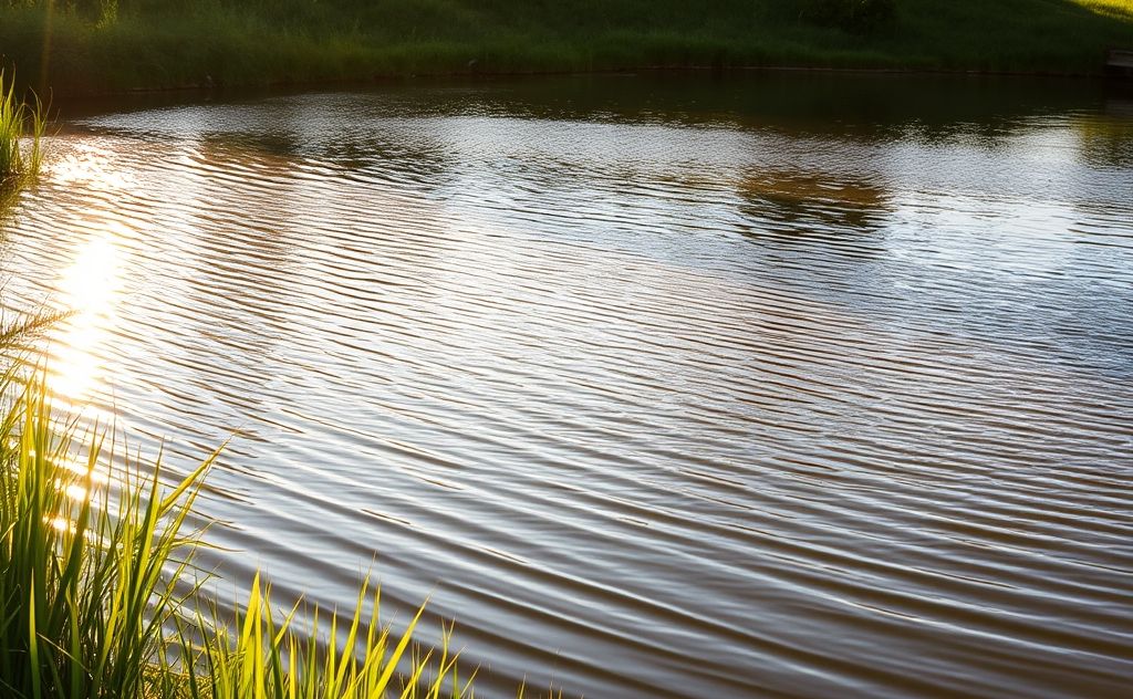 A serene landscape with a tranquil pond and gentle rippling water.