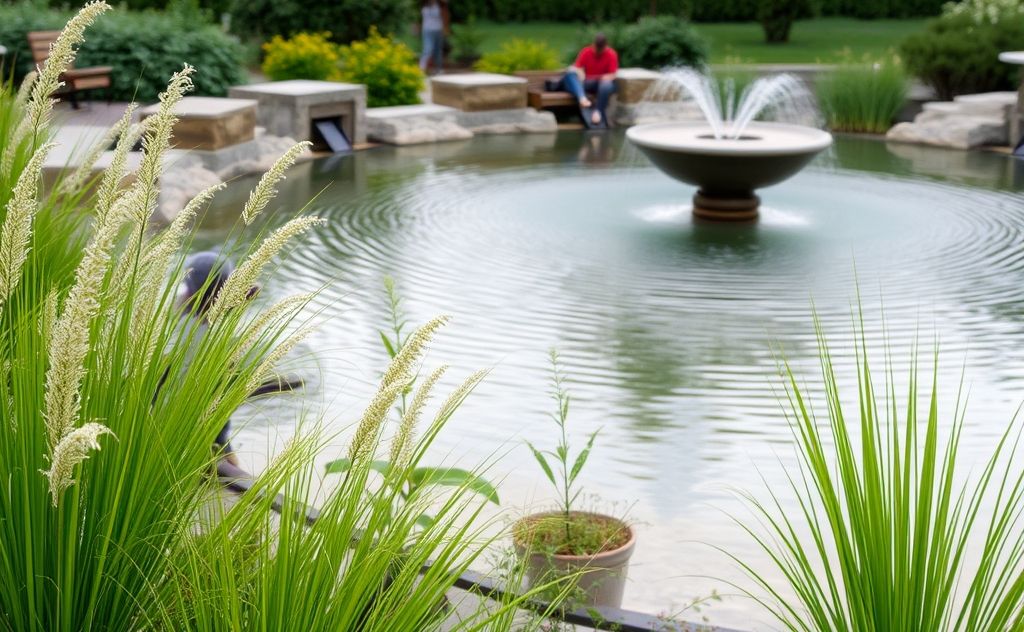 A serene landscape with a tranquil water feature and soft greenery.