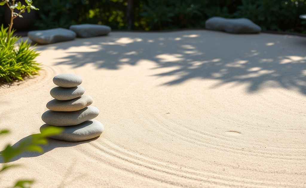 A serene landscape with a tranquil zen garden and gentle stones.
