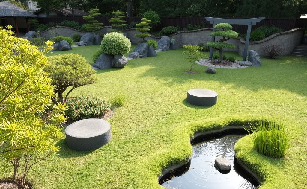 A serene landscape with a tranquil zen garden and gentle water features.