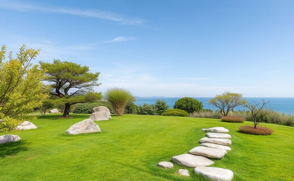 A serene landscape with a tranquil zen garden and smooth stones.