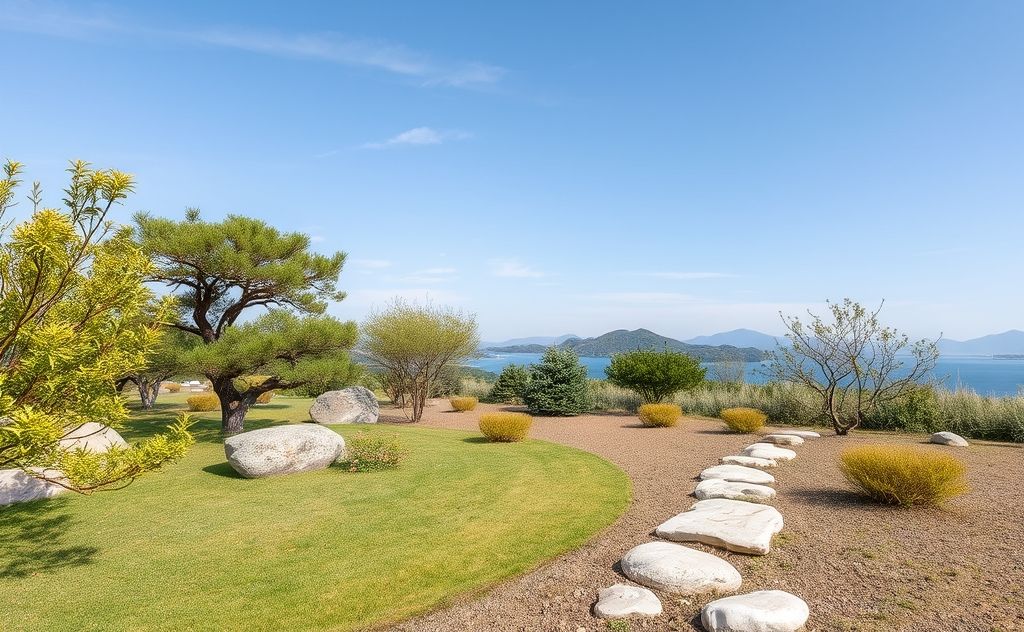 A serene landscape with a tranquil zen garden and soft stones.