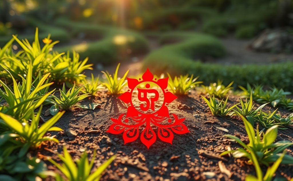 A serene landscape with a vibrant red root chakra symbol on earth.